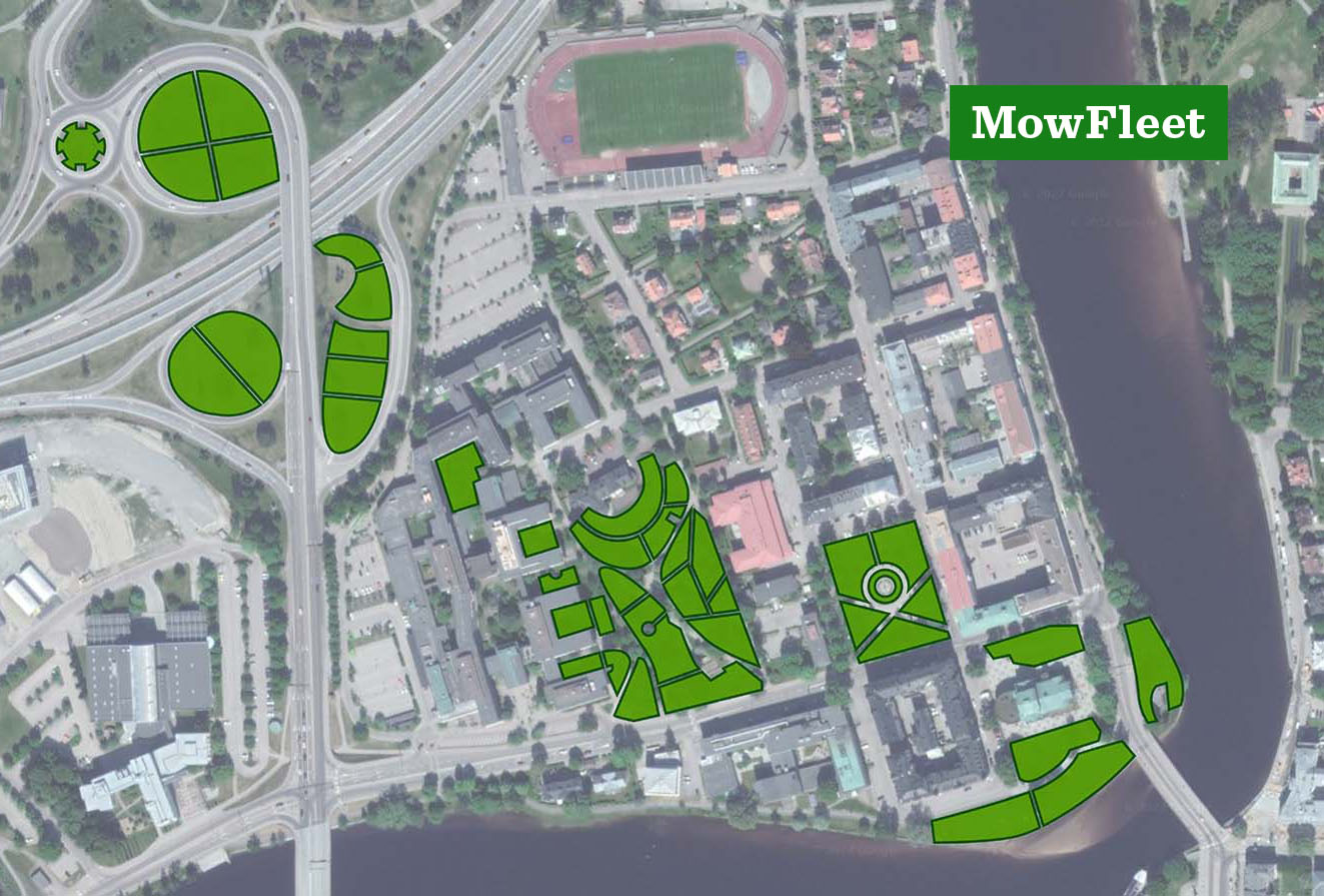 Exempel på zonindelning för klippning med MowFleet-systemet. Exemplet visar parker och rondeller i Karlstad.